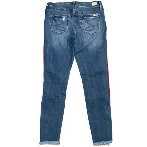 Seven7 size 10 mid rise ankle distressed skinny jeans with red stripes down legs - Picture 10 of 16